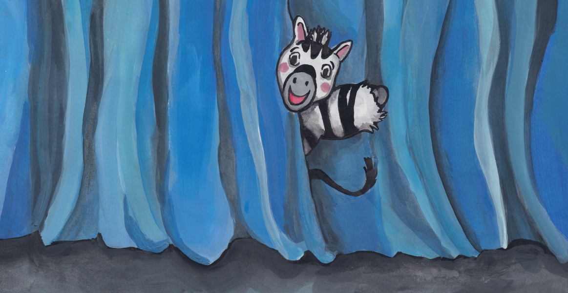 Illustration eines kleinen Zebras, das neugierig zwischen blauen Bühnenvorhängen hervorschaut.