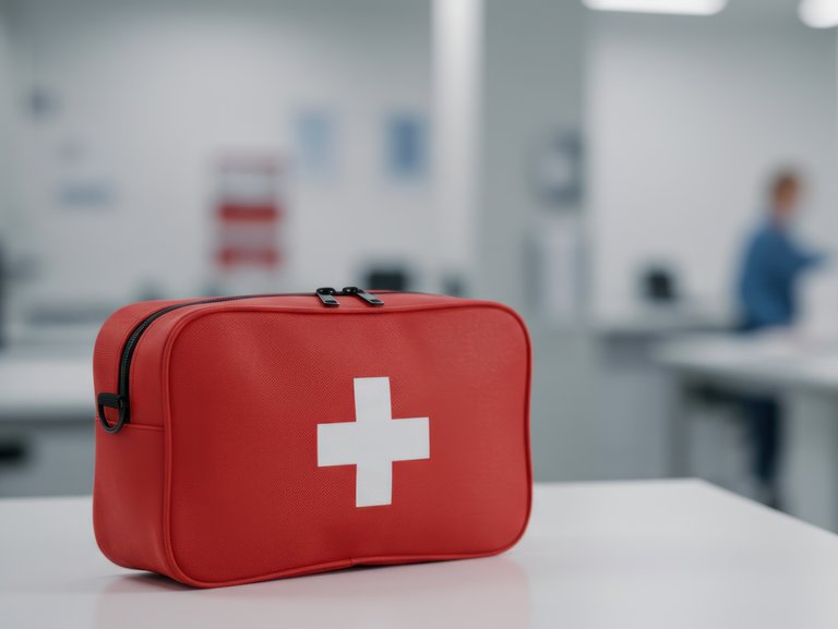 Ein roter Erste-Hilfe-Koffer mit weißem Kreuz steht im Vordergrund auf einem Tisch. Im unscharfen Hintergrund ist ein heller Raum mit Personen zu sehen.