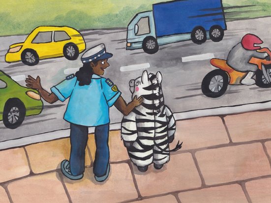 Illustration eines kleinen Zebras, das neben einem Polizisten in blauer Uniform an einer Straße steht. Der Polizist zeigt auf den Verkehr, während Autos, ein Lastwagen und ein Motorrad auf der Straße vorbeifahren.