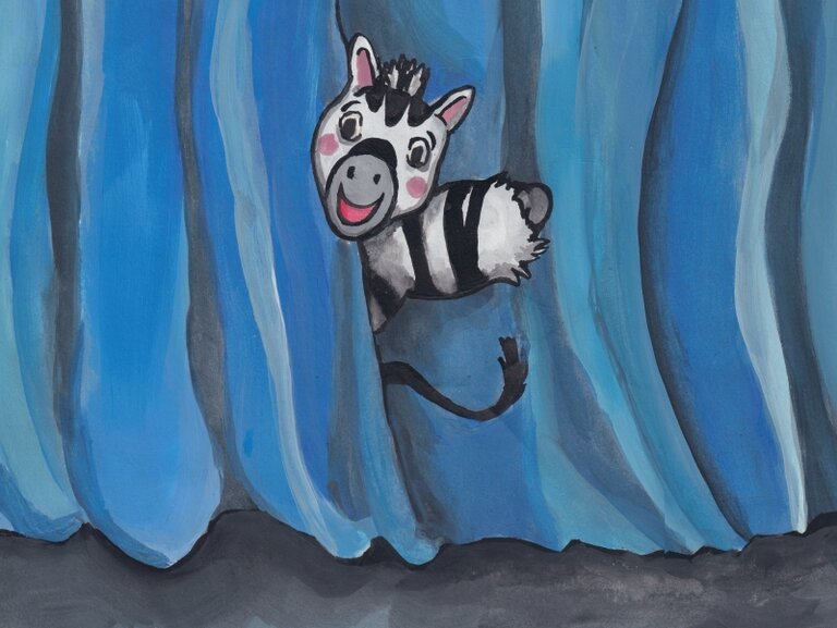 Illustration eines kleinen Zebras, das neugierig zwischen blauen Bühnenvorhängen hervorschaut.
