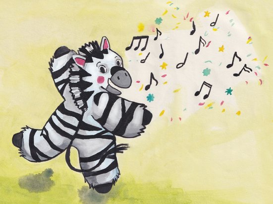 Illustration eines kleinen Zebras, das fröhlich tanzt. Um es herum schweben bunte Musiknoten.
