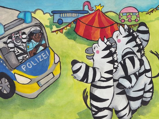 Illustration von zwei Zebras, die sich vor einem bunten Zirkuszelt umarmen. Daneben steht ein Polizeiauto, in dem der Polizist und das kleine Zebra sitzen.