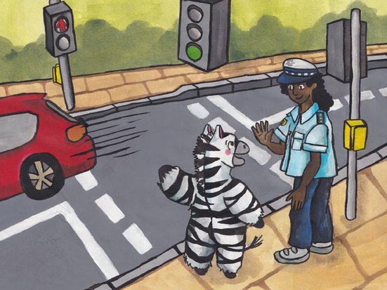 Illustration eines kleinen Zebras und eines Polizisten in blauer Uniform an einer Ampelkreuzung. Der Polizist erklärt dem Zebra die Verkehrsregeln, während im Hintergrund Autos an der Ampel warten.
