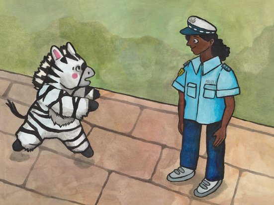 Illustration eines kleinen Zebras, das aufgeregt auf einem gepflasterten Weg steht und mit den Hufen gestikuliert. Vor ihm steht ein Polizist in blauer Uniform und Mütze, der dem Zebra aufmerksam zuhört.