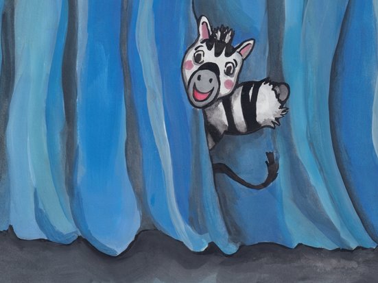 Illustration eines kleinen Zebras, das neugierig zwischen blauen Bühnenvorhängen hervorschaut.