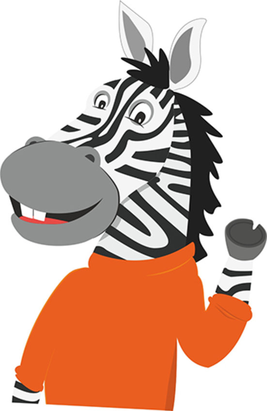 Eine einfache Zeichnung eines Zebras mit schwarzer Mähne, das ein orangefarbenes Shirt trägt, freundlich lächelt und die Hufe zum Gruß hebt.